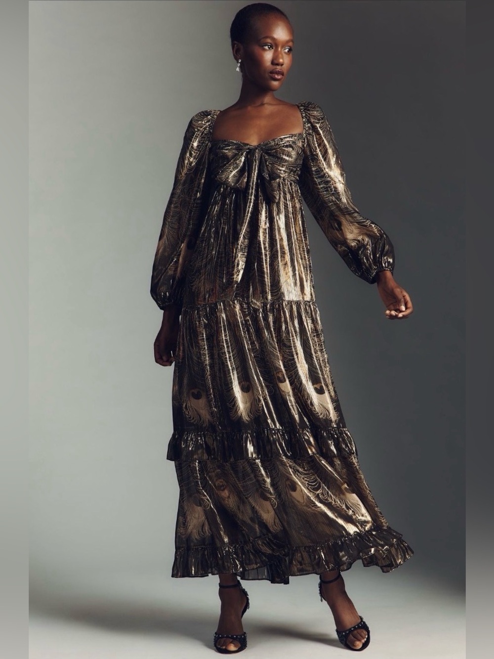 Anthropologie Long-Sleeve Metallic Babydoll Midi Dress Small NWT